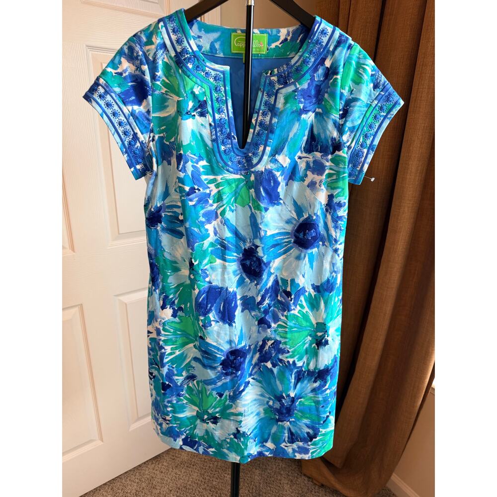 Papagallo blue and green floral V-neck cotton blend dress 8 EUC